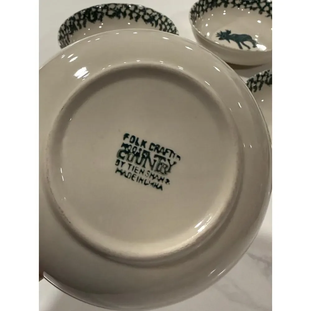 VINTAGE Tienshan Moose Country Cereal Soup Bowls Set 4 Folk Craft Spongeware 6.5
